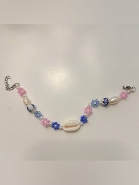 Handmade Pink & Blue Beaded Shell Bracelet